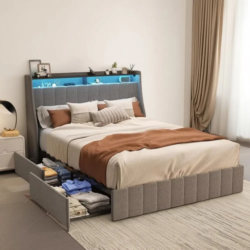 

Queen Bed Frame with 4 Storage Drawers and 2-Tier Upholstered Storage Headboard, Platform Bed Frames with LED Lights, No Box Spr