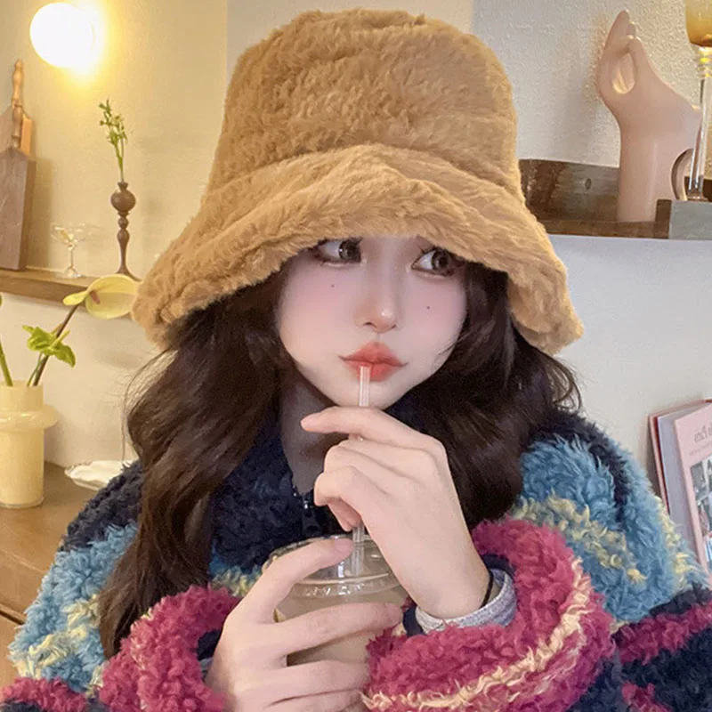한국 패션 플러시 플러피 버킷 햇 여성용 겨울 두꺼운 인조 모피 따뜻한 어부 모자 여성용 스트리트 야외 따뜻한 파나마 모자