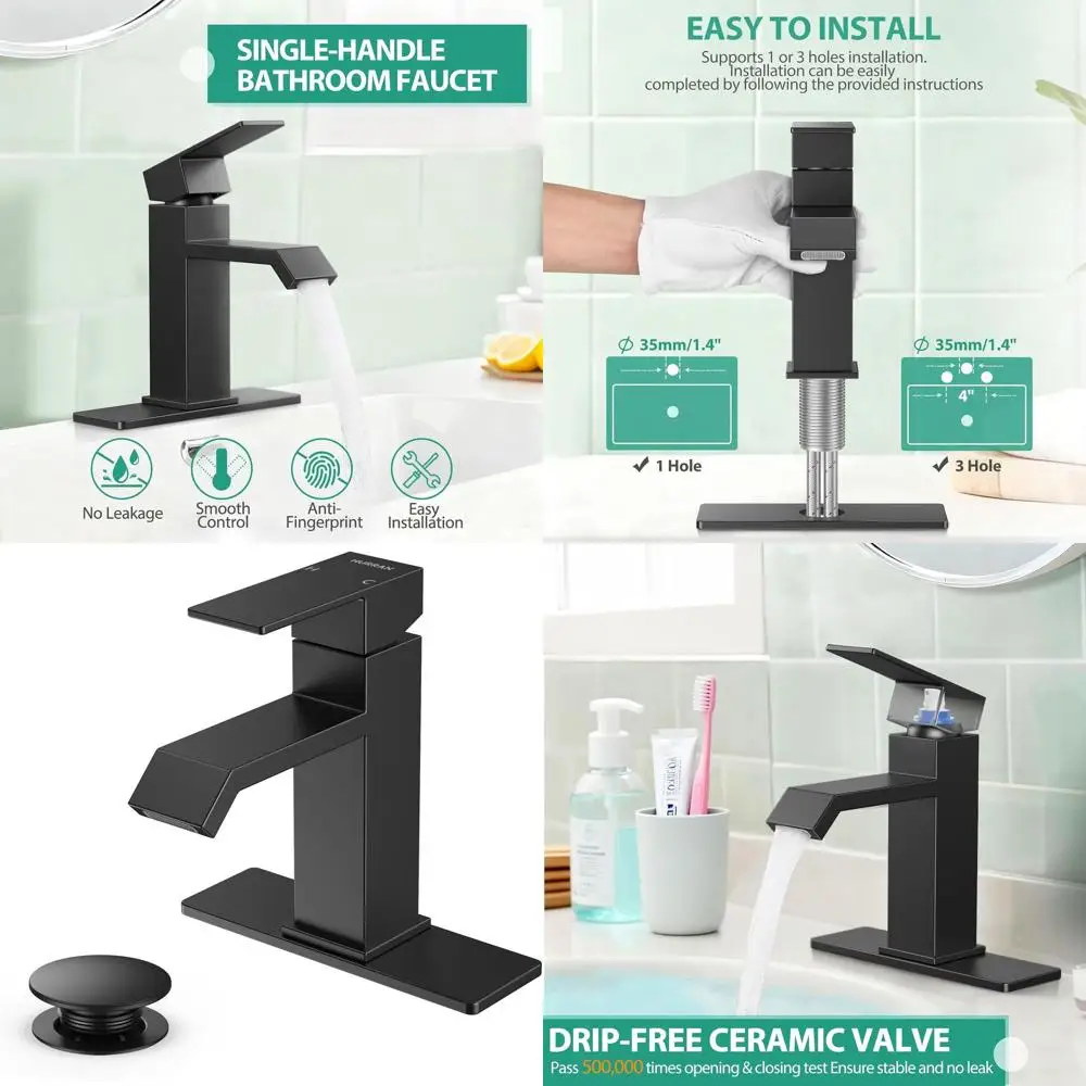 

Modern Matte Black 1 or 3-Hole Stainless Steel Single Handle Faucet with Deck Plate for RV Sink and Pop-up Drain