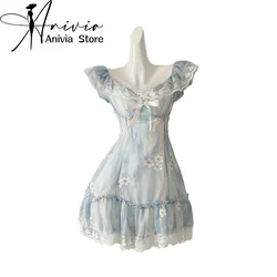 Women Blue A-line Lace Bow Dress Vintage Elegant Sleeveless Kawaii Flower Print Dresses Y2k One Piece Frocks 2000s Clothes 2024