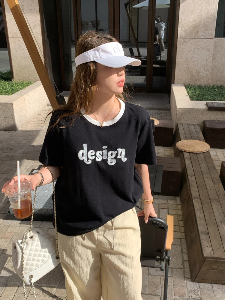 

Женская модная футболка NAZ большого размера, летняя, повседневная, хлопковая, с коротким рукавом, вышивкой, принтом и контрастным буквенным узором