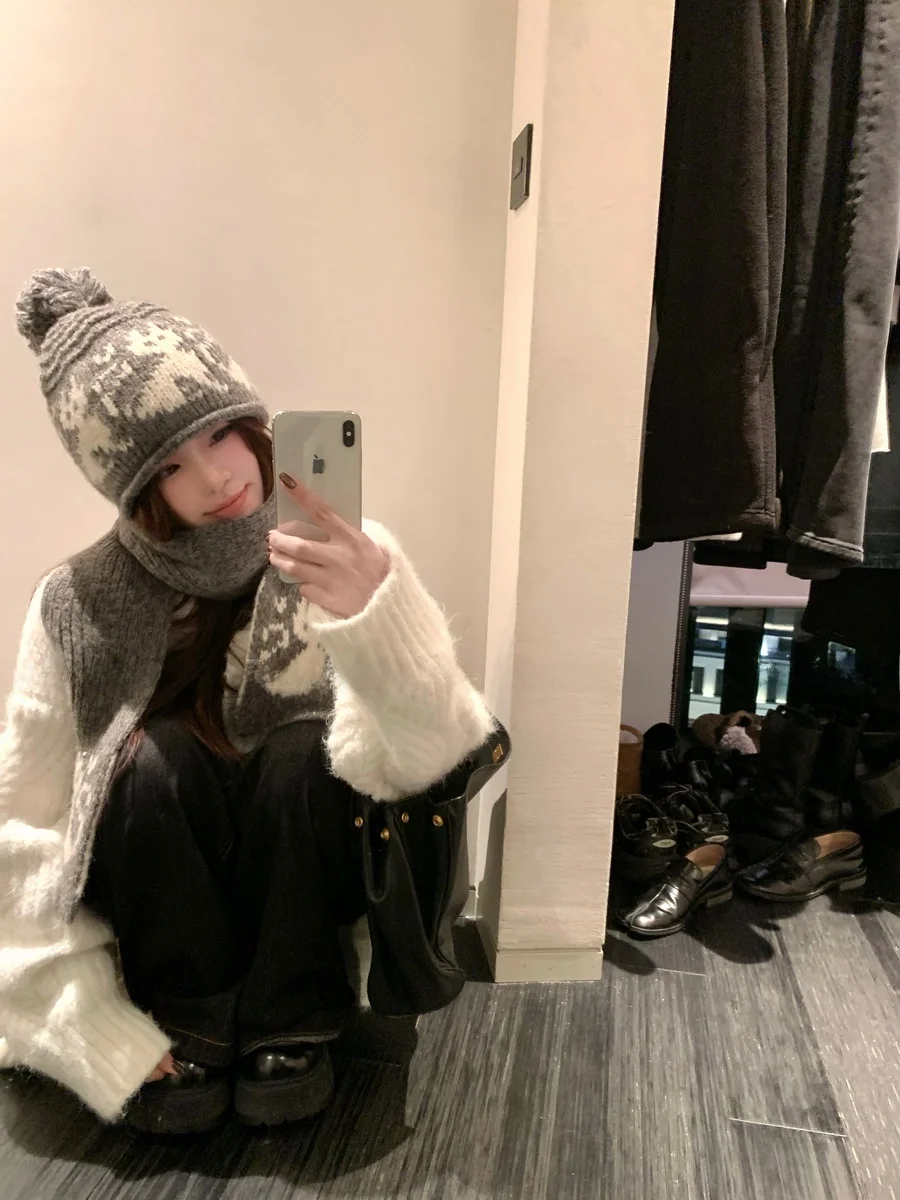 warm-knitted-ear-headscarf-and-hat-set-for-women-double-inin-cute-two-piece-winter-accories-polyester-fiber