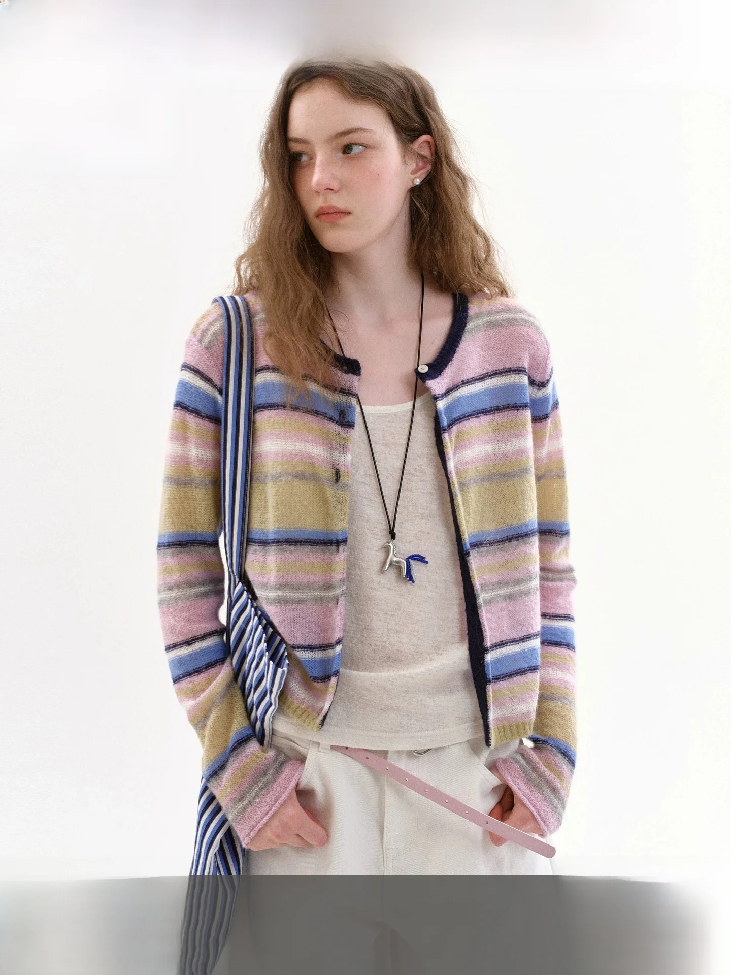 

Fano Women's Knitted Cardigan Sweater Mixed Fiber Stripe Design Autumn New Style Sweet Retro Style Long Sleeve round Neck Top