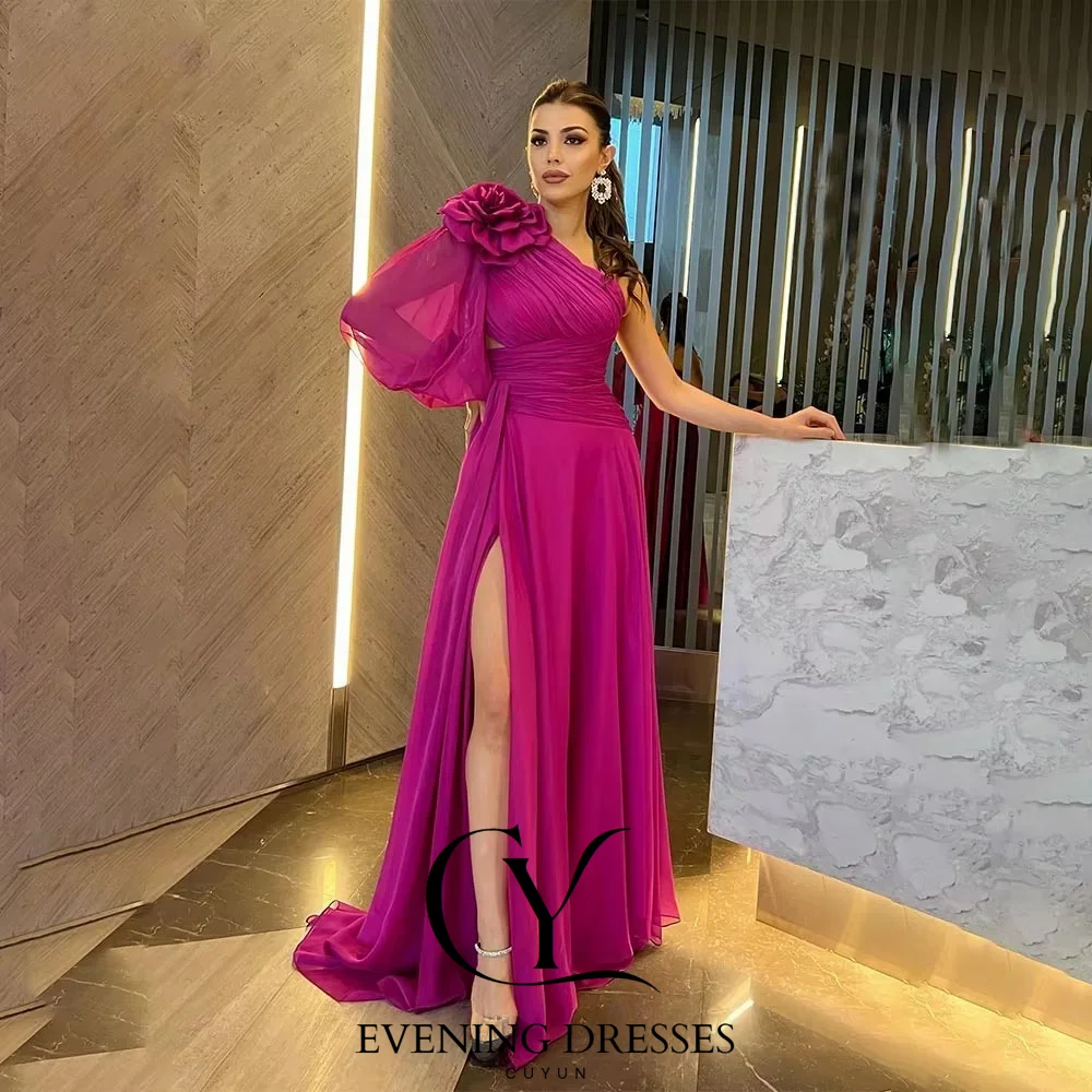 CUYUN One Shoulder Long Sleeves Evening Dresses Women Handmade Flowers High Slit Prom Gown Customized Party Dresses 2025