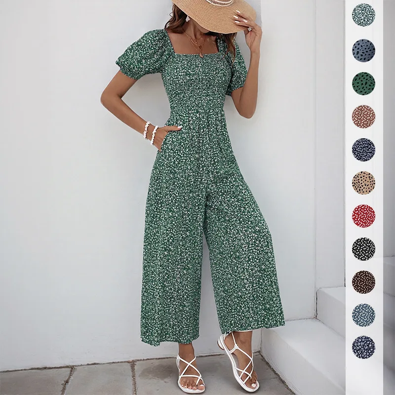 Women Jumpsuits Print Rompers Pocket Square Collar Short Sleeve Empire Waist Full Length Wide Leg Pants Work Casual 2026 Summer
