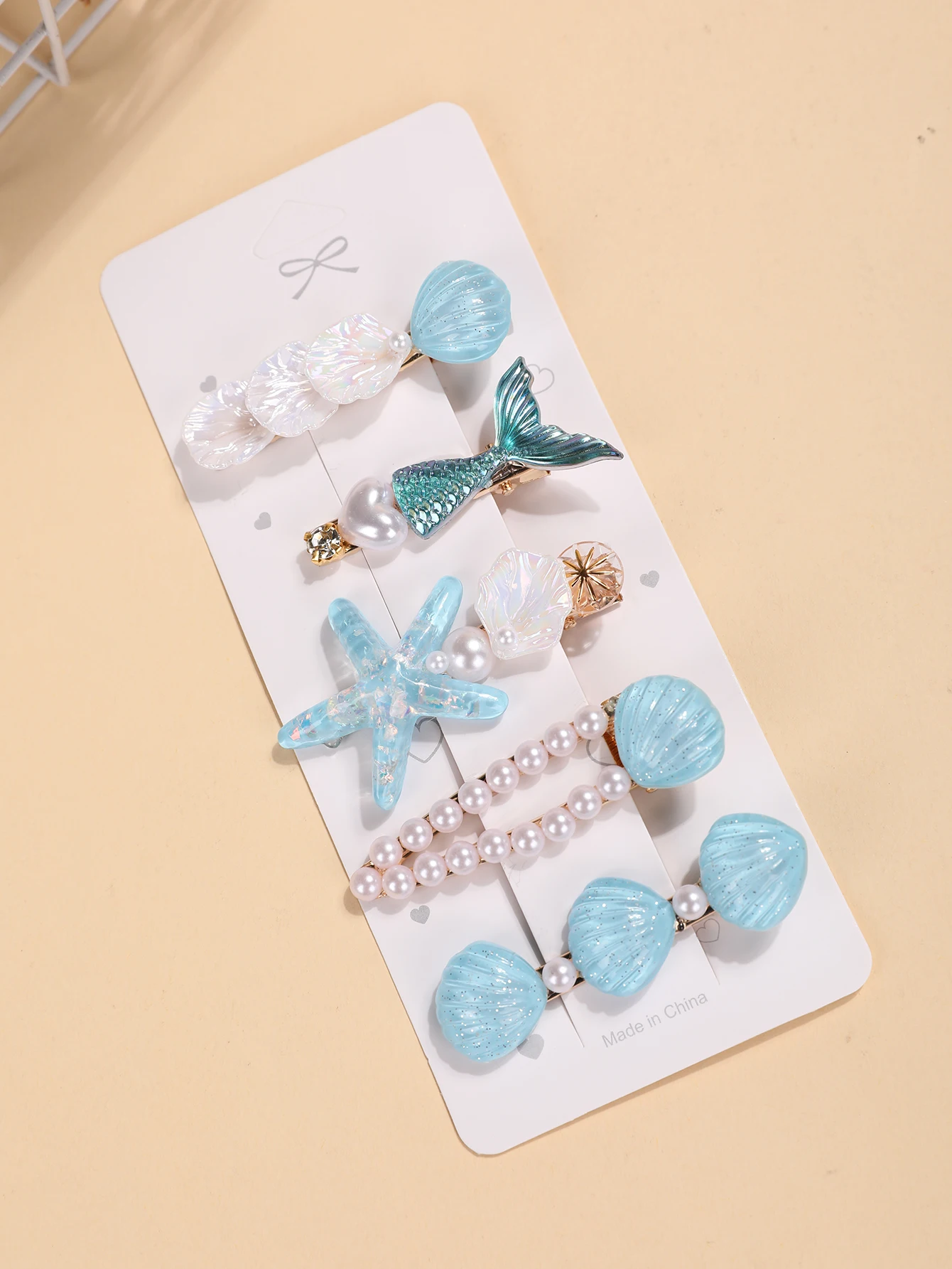 5-teiliges Set Blaue Haaraccessoires im Ozean-Stil - Meerjungfrauenschwanz, Muschel, Seestern und Perlen-Haarspangen - Niedliche Teenager-Seitenknoten-Accessoires – Detail 2