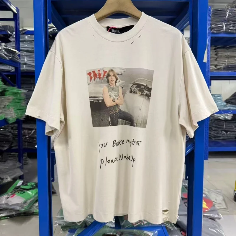 Vintage Washed Oversized Men Cotton T-Shirt PALY Retro Portrait Handwritten Text Print Tee