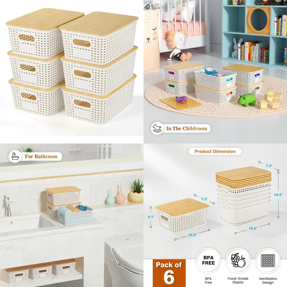 

Bamboo-Topped Plastic Storage Baskets - 6 Pack Stackable Organizers for Home, Office, and Playroom