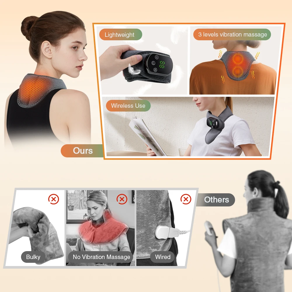 Wireless Neck Heating Pad Vibration Massage Cordless Heated Neck Wrap for Neck & Shoulder Discomfort Relief Electric Thermal Nec