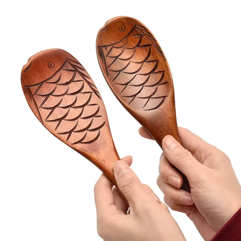 Japanese Wooden Rice Spoon Wooden Fish-shaped Rice Spoon Hand-carved Non-stick Kitchen Cooking Tools Frying Steak Spatula