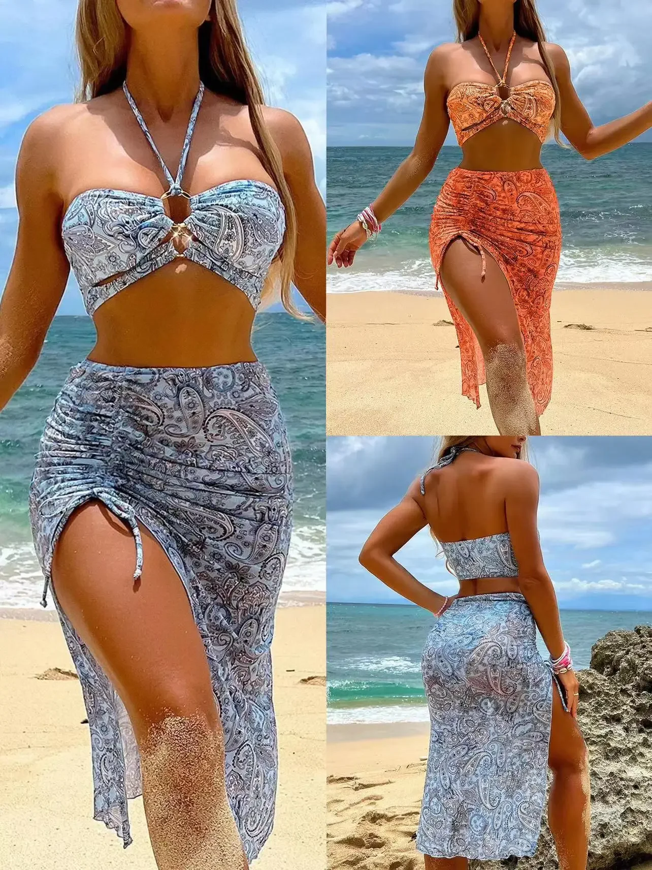 

Women's Paisley Bikini Set With Skirt Sexy Bohemian Beach Dress Beachwear Two-Piece Swimsuit Cover-Up Summer Seaside Outfit