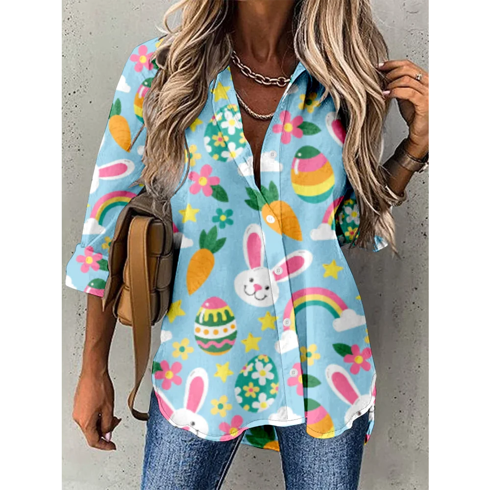 

Spring Rabbit Shirt Women Eggs Graphic Shirts Fashion Tops Autumn Blouse Loose Cardigan Kawaii Clothes Long Sleeve Cute Blusa