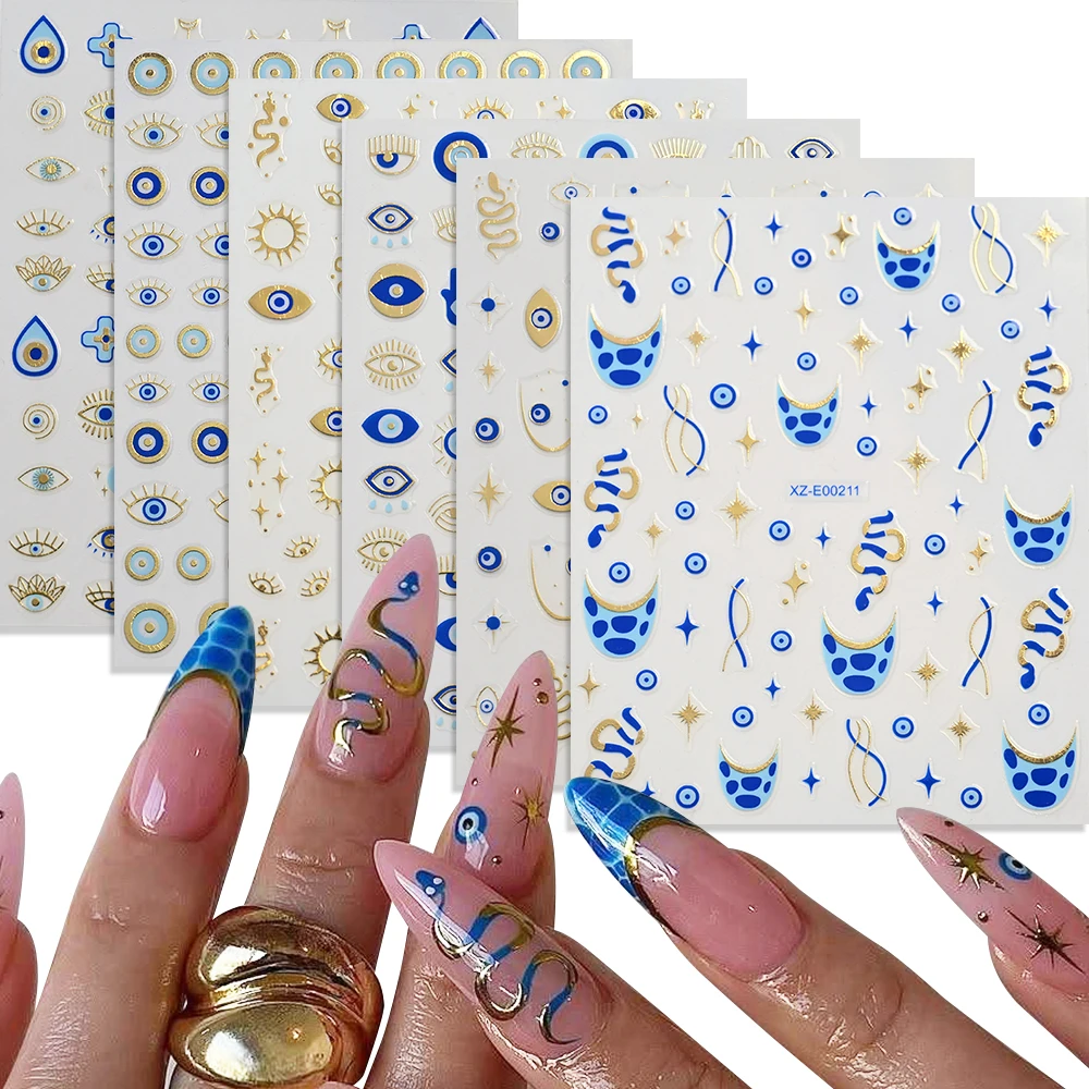 1Pcs 3D Bronzing Evil Eye Nail Stickers Y2K Gold Geometry Blue Devil Eyes Nail Charm Decal Bohemia Style Nails Supplies Decorati