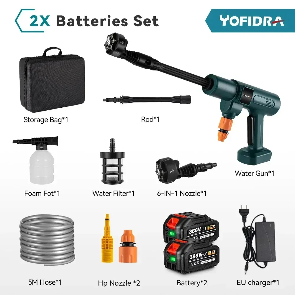 YOFIDRA 200Bar Borstelloze Elektrische Hogedruk Water Spuitpistool 3500W 6IN1 Auto Schone Wasmachine Tuin Gereedschap Voor Makita batterij Pin