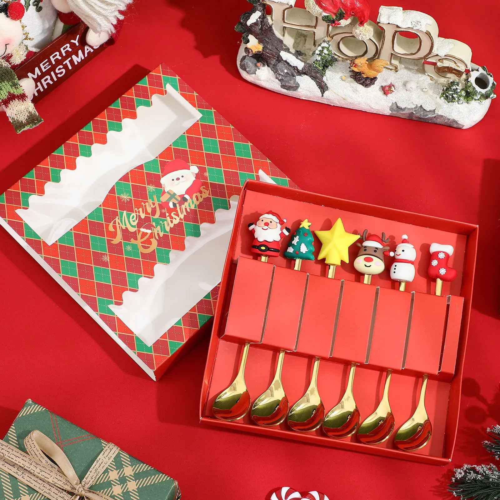 

6 шт. праздничные рождественские ложки: уникальный дизайн Санта-Клауса с оленями для кофе, десерта, мороженого и праздничной обеденной рождественской ложки, золотого цвета