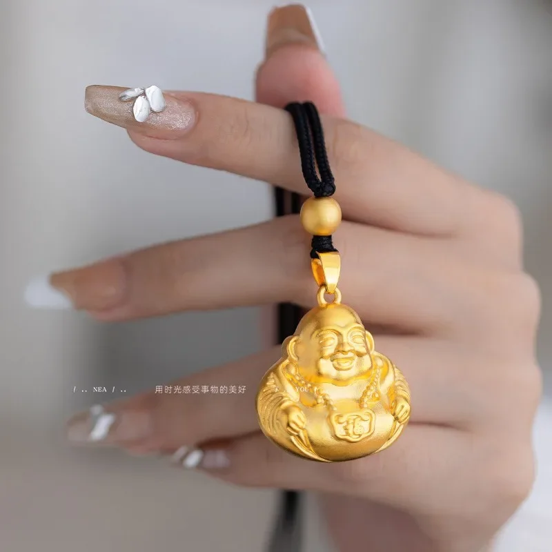 

9999 Real Gold 24K Gold Ancient Law Big Belly Buddha Maitreya Buddha, Fu Character Hollow Laughing Chain Men's Women's Pendant