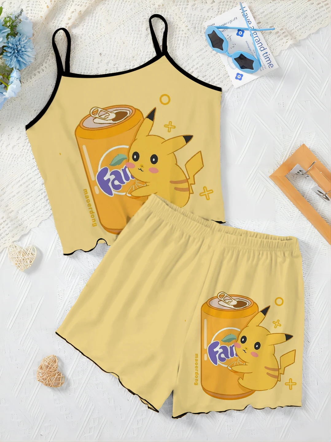 T-shirt Slip Dress Women's Suit Pikachu Short Sets Top Pokémon Pajama Skirt Lettuce Trim Pieces Elegant Home Dress Top Matching