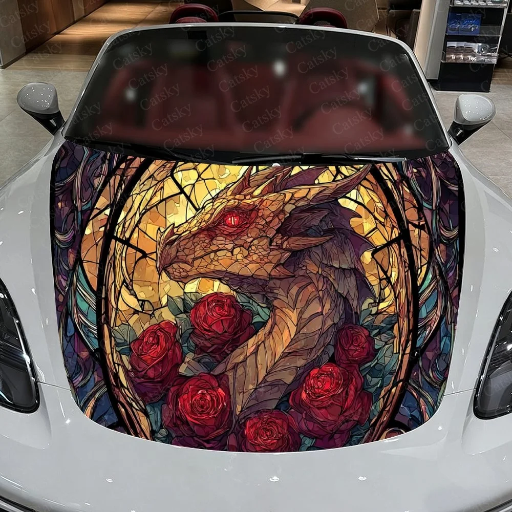 

Stained glass dragon with red roses, vivid colors, artistic design for car hood decal.Car Vinyl Wrap, PVC Material Waterproof Ca