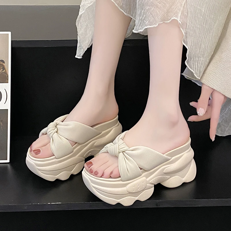 9CM High Platform Slippers Women Solid Color Thick Sole Leather Sandals Woman Chunky Summer Casual Beach Slides Zapatos Mujer