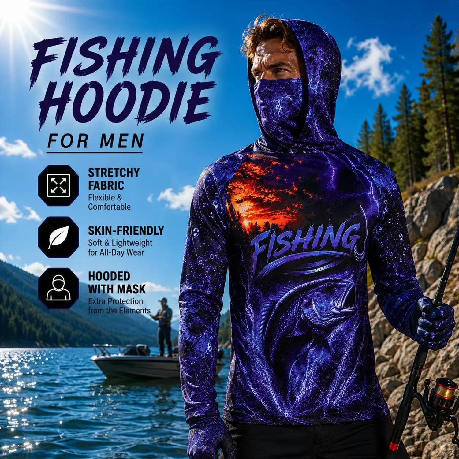 Men Purple Bass Fish 3D Print Hooded Fishing Shirt Polyester Long Sleeve UV Sun Top With Built In Face Cover