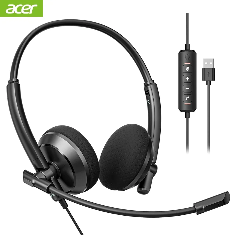 

USB-гарнитура Acer с микрофоном для ПК, центры вызова, проводная гарнитура с микрофоном для офисной удаленной работы, удобный дизайн для длительного ношения