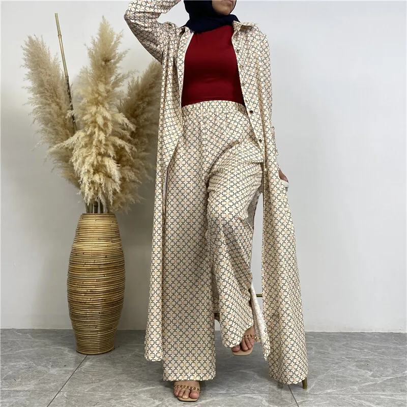 full Fashion printed satin button long cardigan and pocket pants 2-piece set 6674