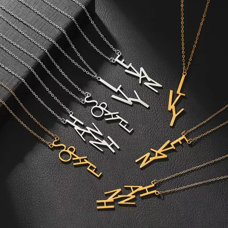 

Персонализированное шикарное ожерелье из нержавеющей стали с персонализированным именем - изготовленное на заказ вертикальное надпись, простой дизайн, идеальный подарок