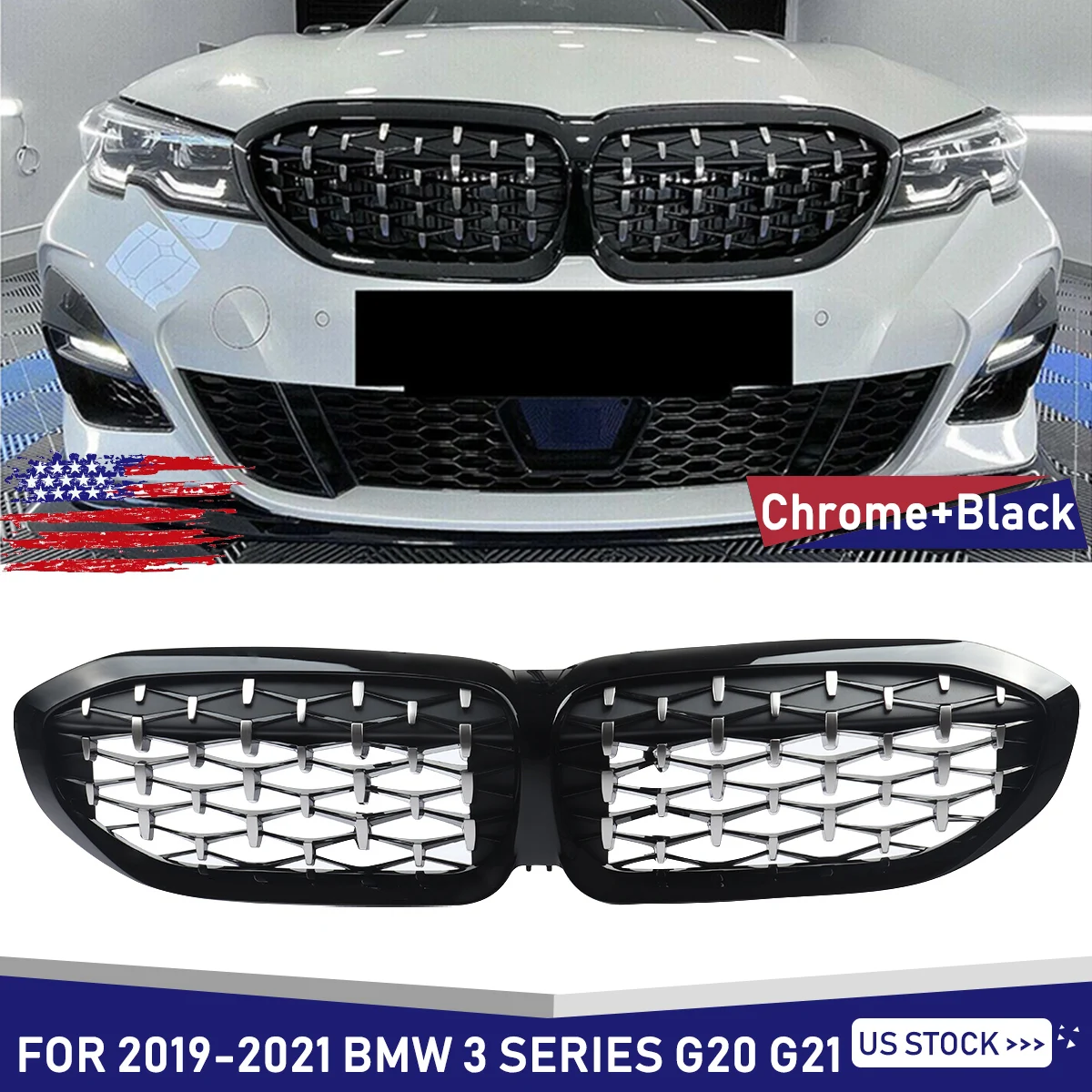 

MagicKit For BMW 3 Series G20 Kidney Grill Grille Chrome BLACK Diamond Style SportM Style 2019 2020 2021 2022 2023 Models