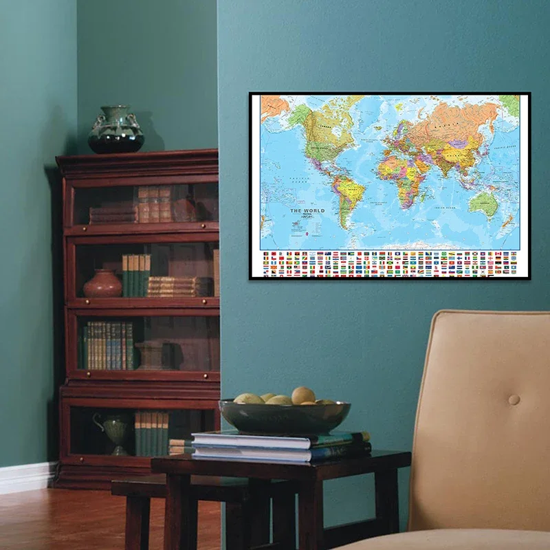 Mapa del mundo en inglés para decoración de pared, póster con imagen colgante clásica, material escolar y de oficina, 59x42cm