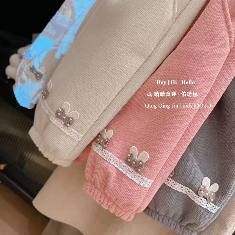 Autumn Winter Girls Fleece-Lined Simple School Sports Pants Warm Casual Long Pants Kids Soft Stretchy Sweatpants Children Home