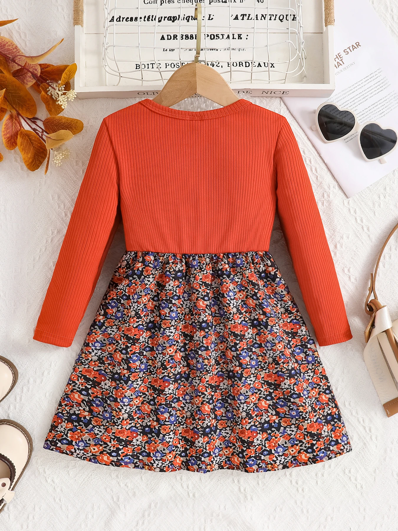 Spring and autumn girls fashion casual round neck long sleeve knee-length floral dress - orange