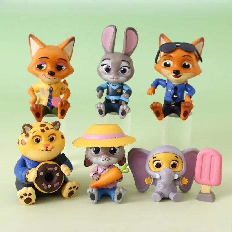 

6pcs Set Anime Zootopia Doll Toy Disney Character Judith Nick Officer Model Desktop Ornament Kawaii Cartoon Decoration Toys Gift