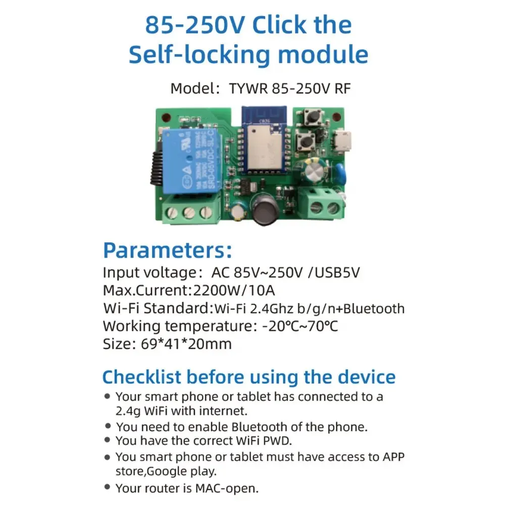 1CH Tuya Smart Remote Control modulo interruttore Wifi Wireless DC7-32V AC85-250V 2200W ricevitore RF 10A relè WiFi fai da te