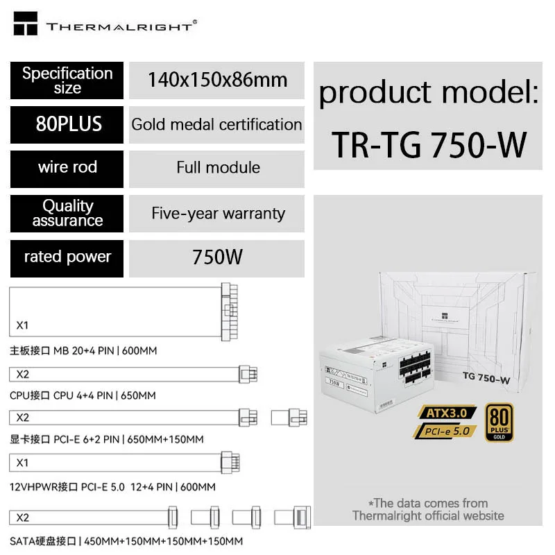 Imagem -03 - Medalha de Ouro Computador Host Módulo Completo 650w Chassi 850w 1000w 1200w Atx Desktop Host Potência Thermalright-tg750w