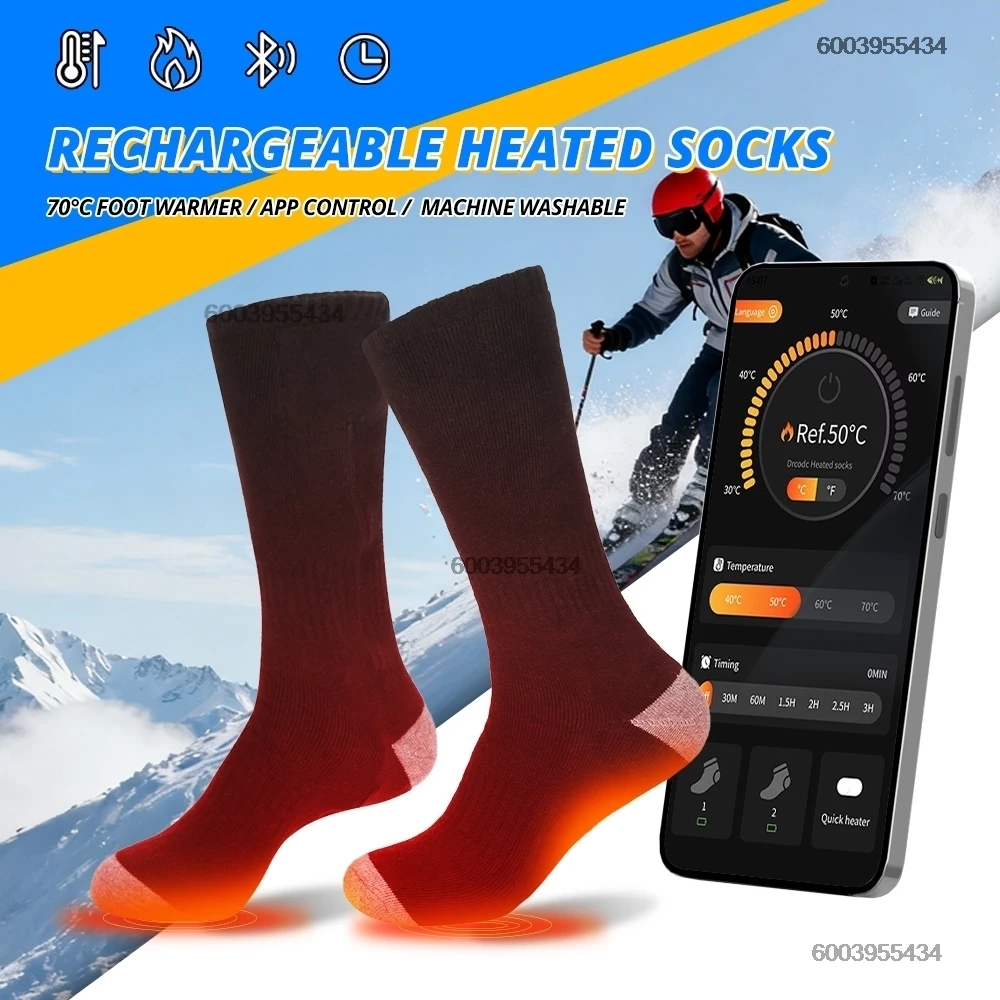 Chaussettes chauffantes avec contrôle par application, batterie Rechargeable électrique 5000mah, chaussettes chaudes d'hiver, chauffe-pieds par temps froid, chaussettes de ski chauffantes