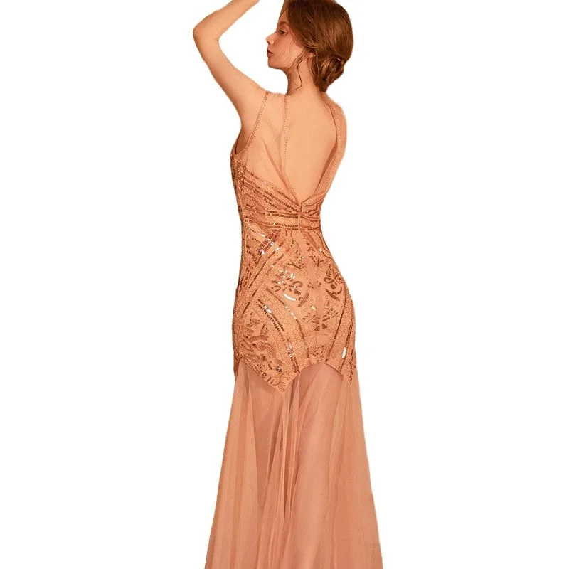 خمر الترتر ثوب مسائي طويل الكبار النساء مثير أزياء الساخن أكمام الطابق طول أنيقة الكرة حفل زفاف فستان بتصميم حالم