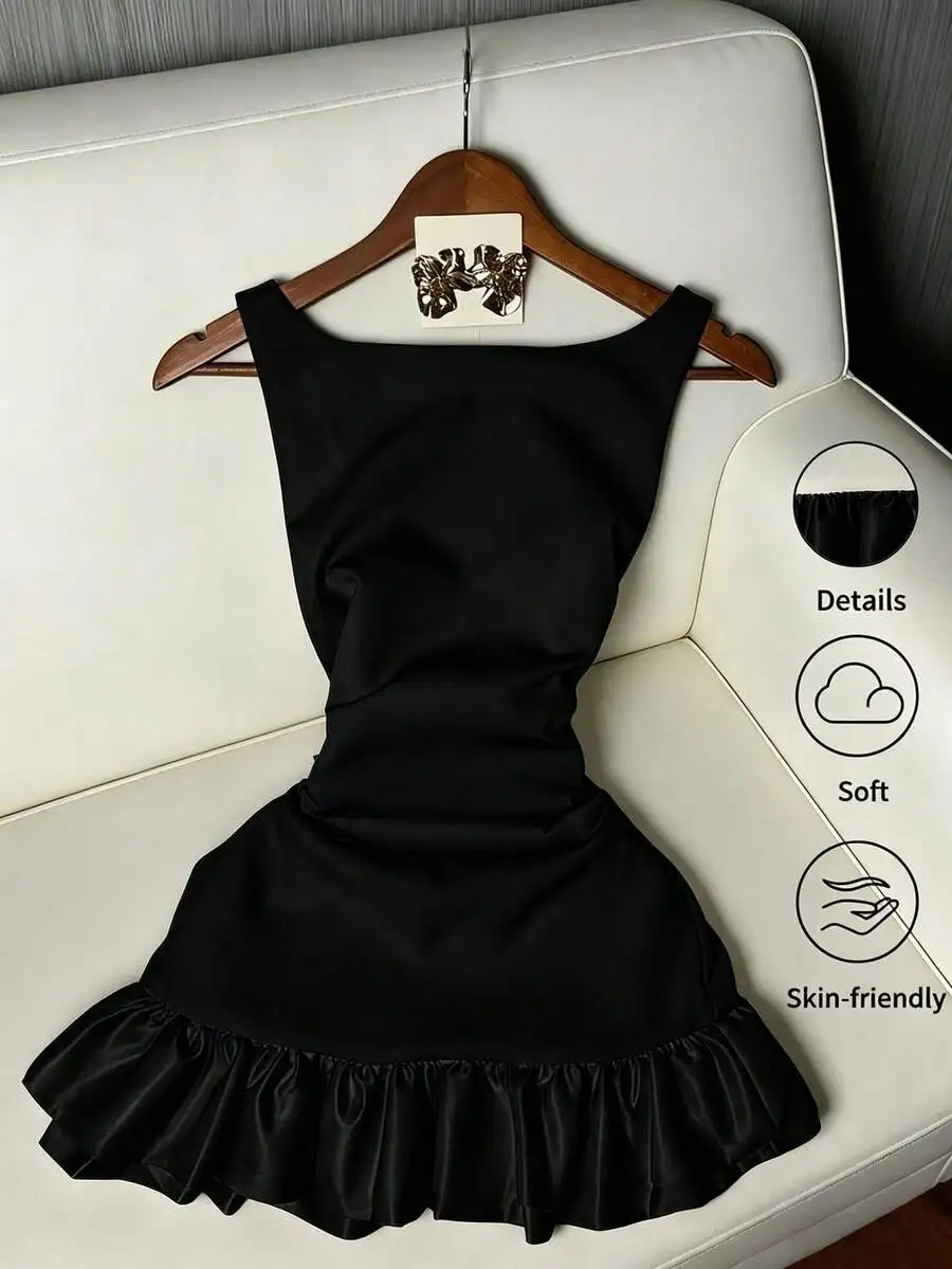 

Womens Black Satin Square Neck Ruffle Hem Mini Dress For Party Date