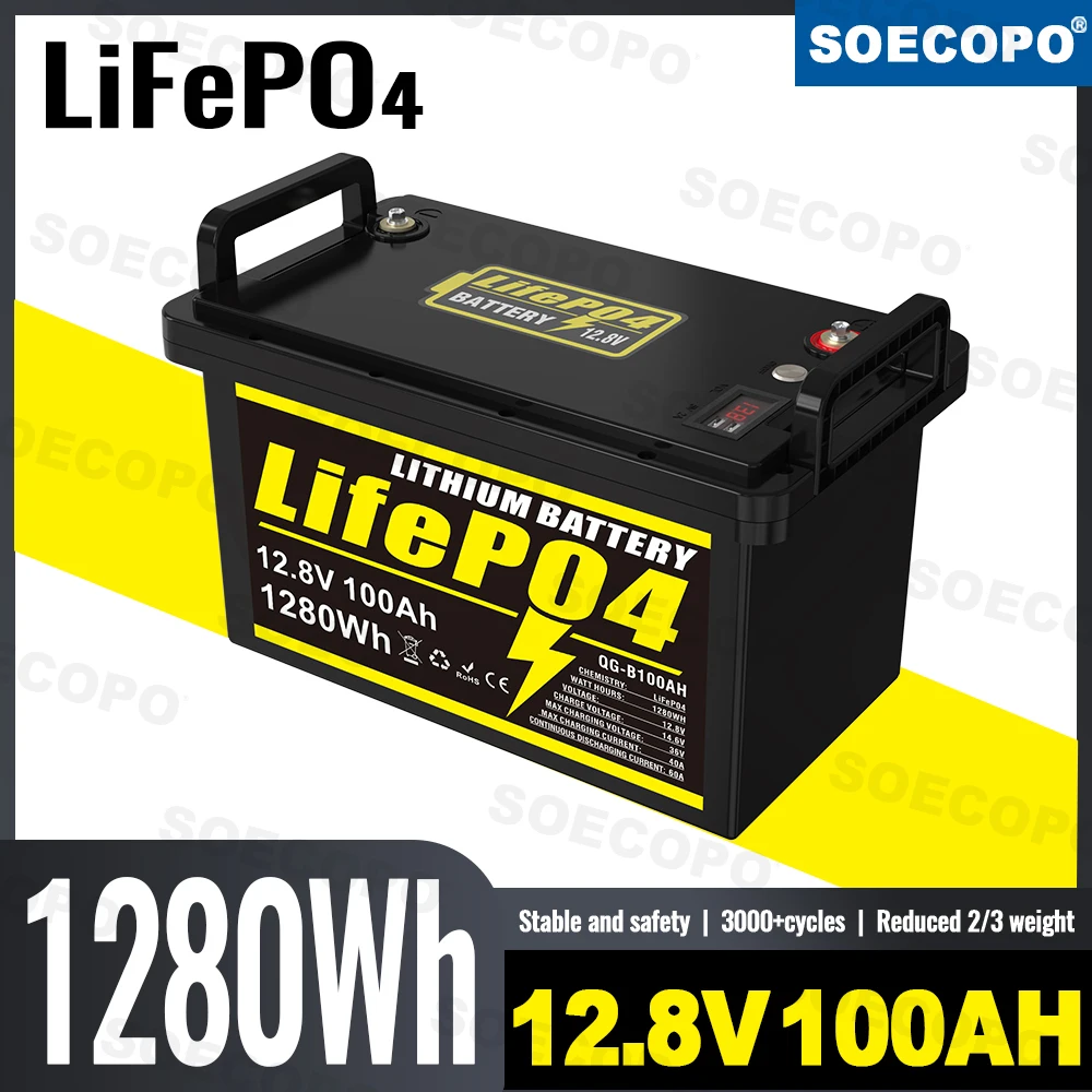 

SOECOPO 12V 100Ah LiFePO4 Battery 1280Wh Deep Cycle Lithium Iron Phosphate Built-in BMS LCD Display USB for RV Solar Marine