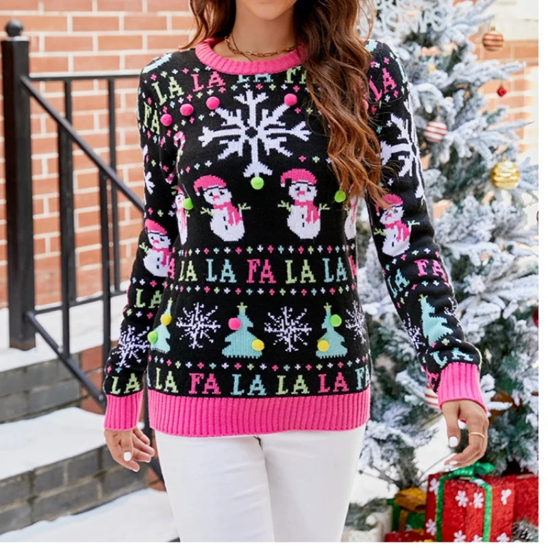 2025 Christmas Sweater Women, Cartoon Print Soft Warm Pullover, O-Neck Full Sleeve Casual Knitwear & Xmas Gift