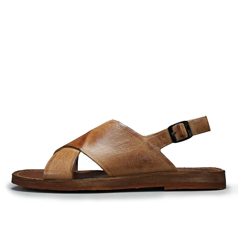 Handmade Cow Leather Retro Sandals Men's Shoes Summer British Flat Heel Casual Genuine Leather Open Toe Outdoor Beach Shoes