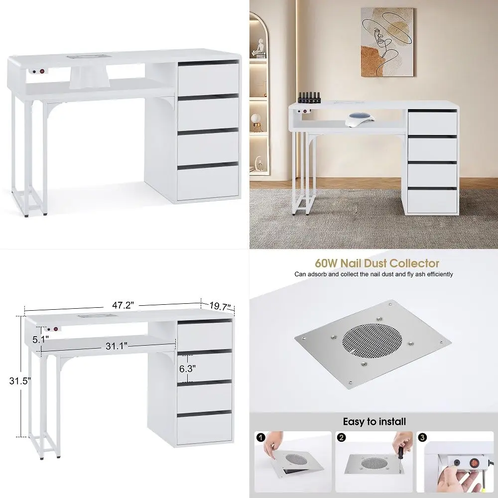 

Manicure Table with Drawers Nail Desk with Wrist Rest Salon Beauty Spa Storage Workstation, 47.2L x 17.7W x 30.7H 2655 White