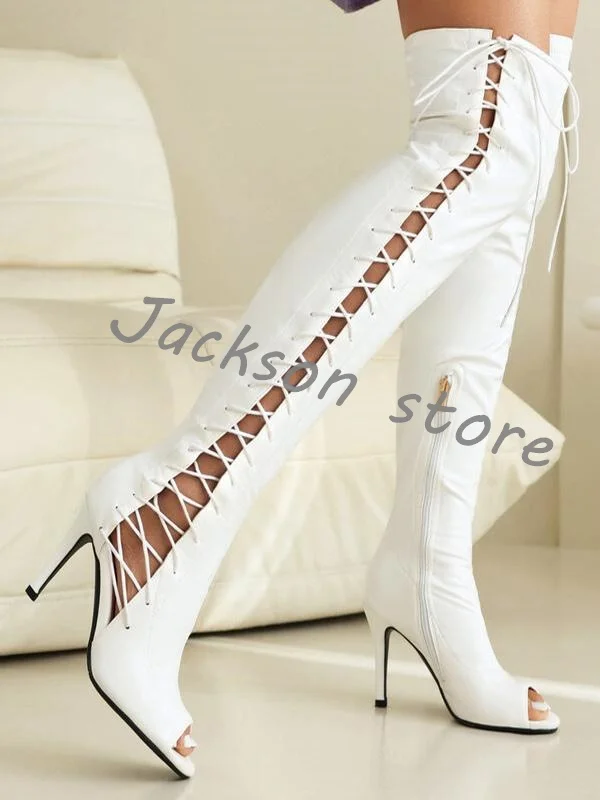 Red Sexy Over The Knee Boots Women Open Toe Lace Up Stiletto High Heels Cross Strap Design Patent Leather Breathable Long Boots
