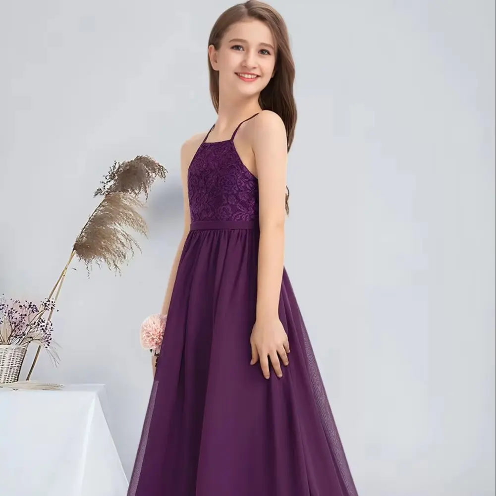 

WWA A-line Square Floor-Length Chiffon Lace Junior Bridesmaid Dress With Bow Grape Flower Girl Dress for Wedding Communion Dress