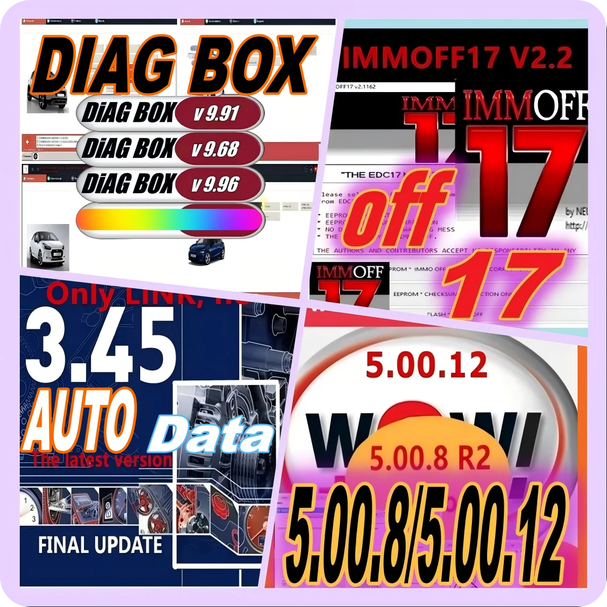 

AUTO data 3.45+WOW 5.00.12+5.00.8+immoff 17+ diag box 9.91/9.96 all in one garage software multilingual Automotive diagnostic