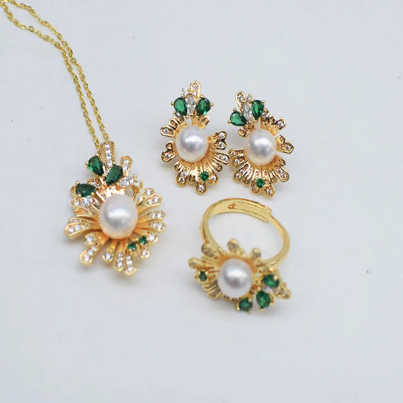 

one set freshwater pearl white pendant /earrings/Ring green zircon wholesale nature