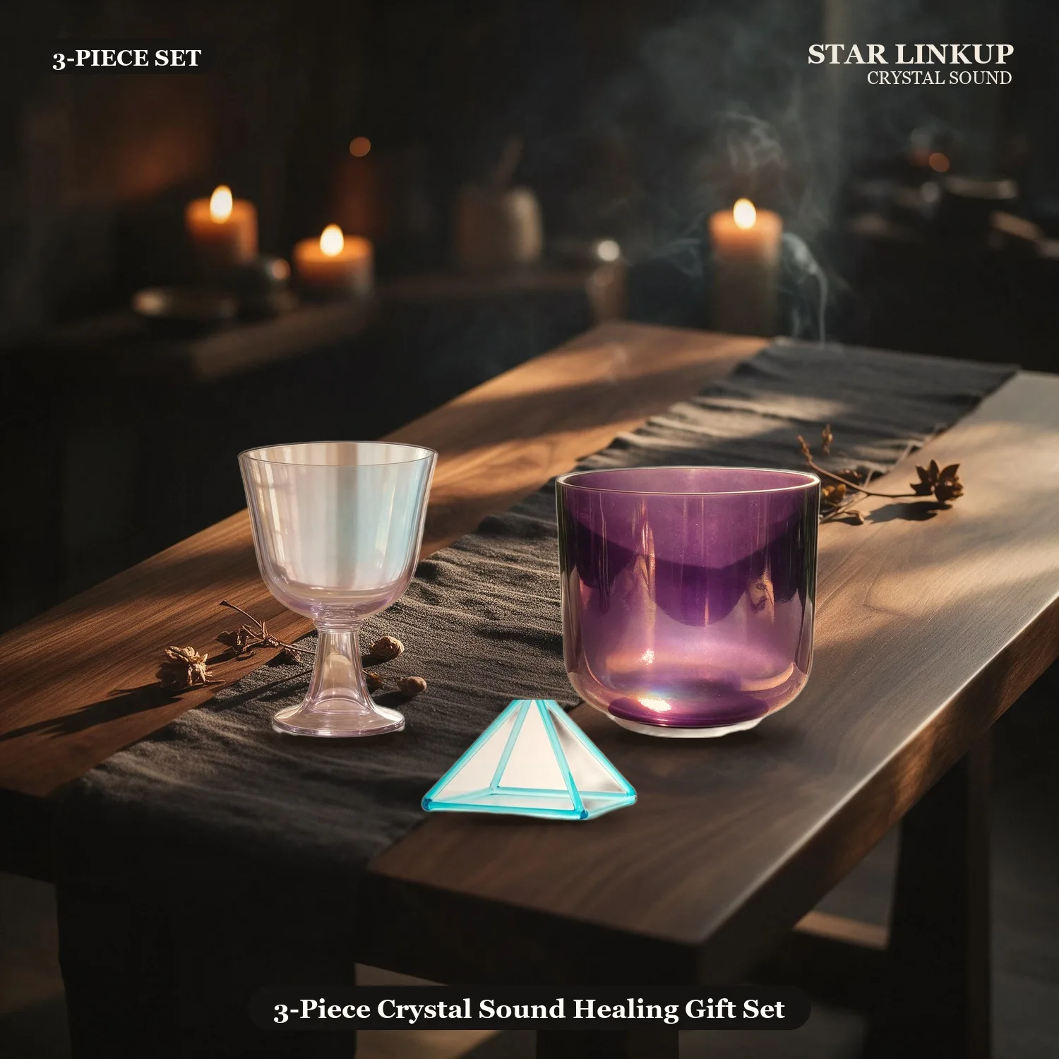 STAR LINKUP 3-Piece Crystal Sound Healing Gift Set with Crystal Singing Bowl, Crystal Pyramid and Crystal Chalice. A calming spiritual gift set for beginners and experienced practitioners, ready for birthdays, holidays and housewarmings.