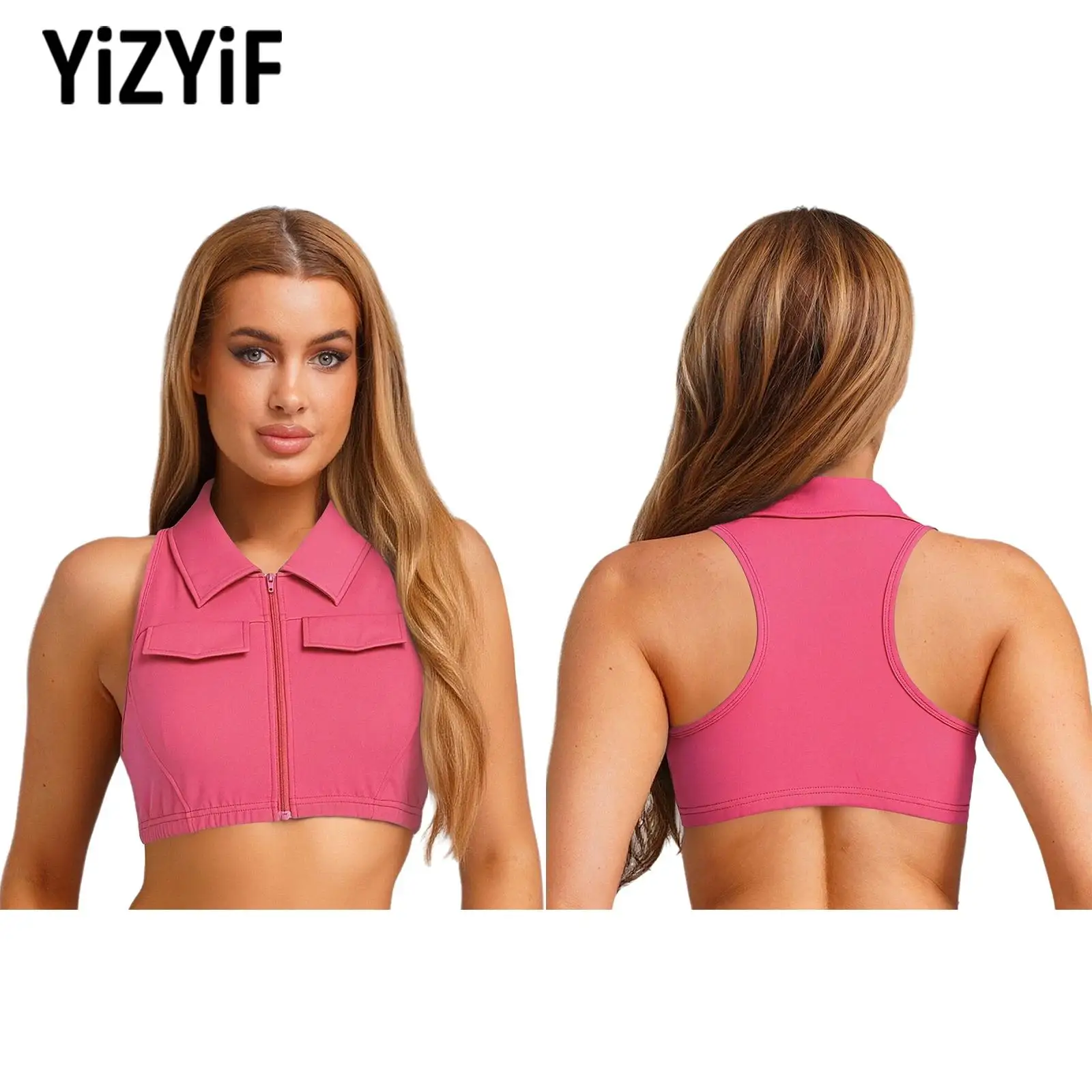 

Women's Zip-up Cargo Vests Workout Gym Fitness Yoga Clothing Breathable Sleeveless Racerback Crop Top with Removable Chest Pads