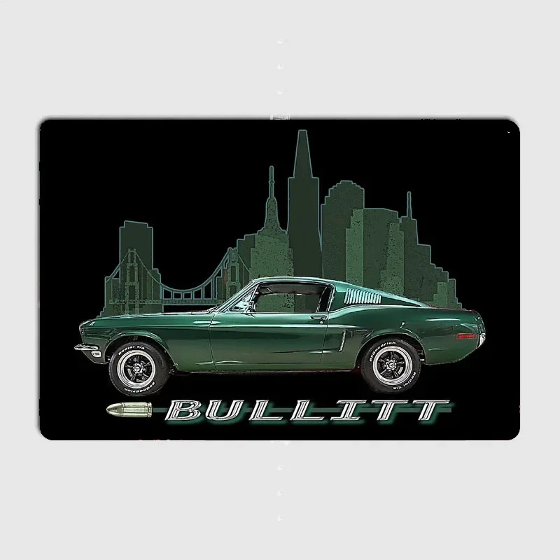 Mustang Bullitt GT 5.0L V8 Sports Car Retro Posters Metal Sign Poster Bar Bedroom Wall Home Decor Room Decoration