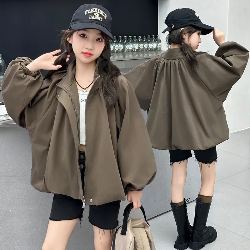 Girls' autumn coat 2024 new Korean version mid size retro stand up collar workwear windbreaker loose short jacket