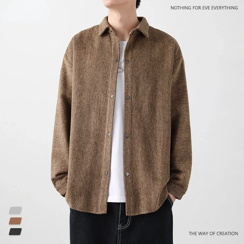 

Men Long Sleeve Button Up Striped Khaki Jacket Oversize Winter Plush Fabric Coat Boys Japanese Loose Thick Outerwear Plus Size